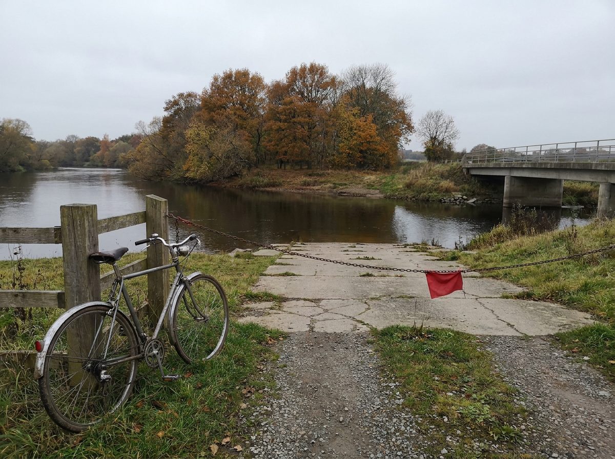 An empty river ferry landing with a chain across the ramp, autumn trees on the far bank