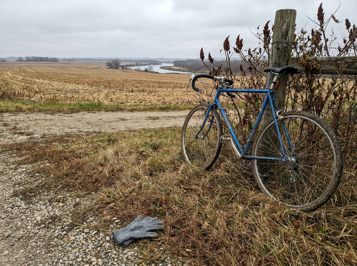 A single gray wool glove liner lying on a gravel road shoulder beside brown autumn grass