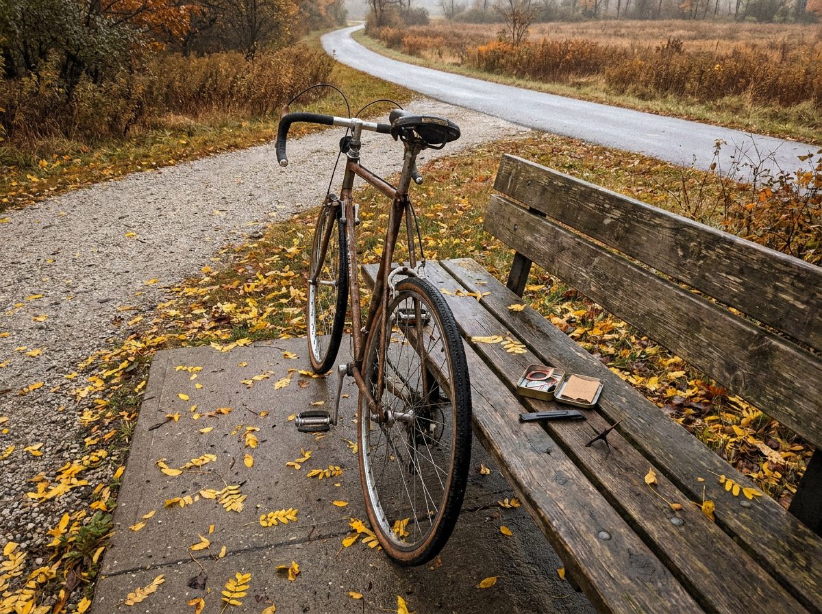 An old steel bicycle leaning on a wooden bench outside a small-town post office, with a patch kit and a honey locust thorn on the seat
