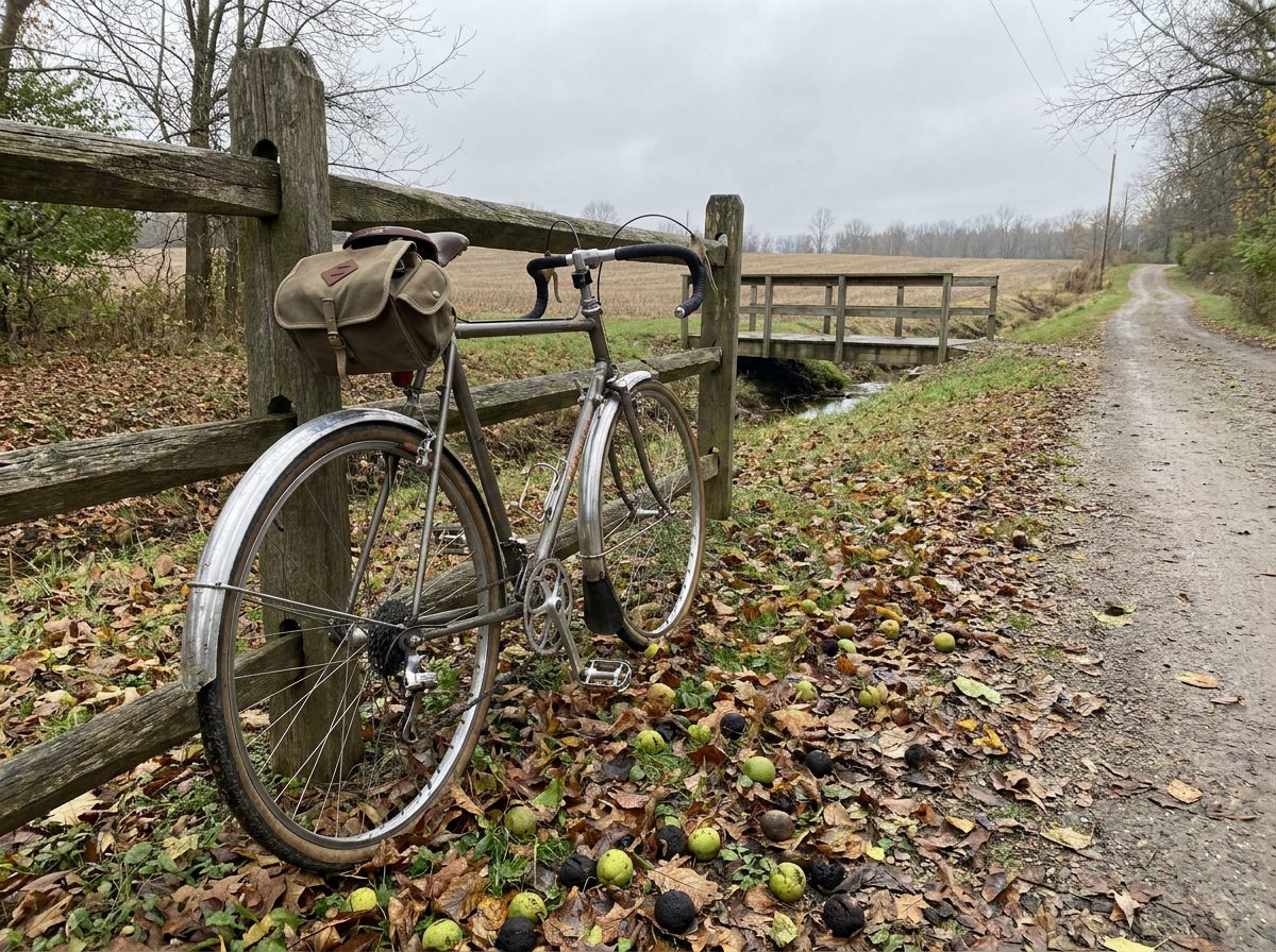 A narrow country road in autumn covered with fallen green and black walnuts, an old steel bicycle leaning against a split-rail fence